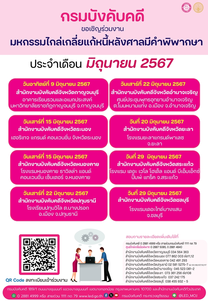 กรมบีงคับคดี ขอเชิญร่วมงานมหกรรมไกล่เกลี่ยแก้หนี้หลังศาลมีคำพิพากษา ประจำเดือน มิถุนายน 2567